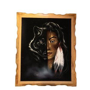 VTG David Ortiz Velvet Hand Painting Native American Women Black Wolf